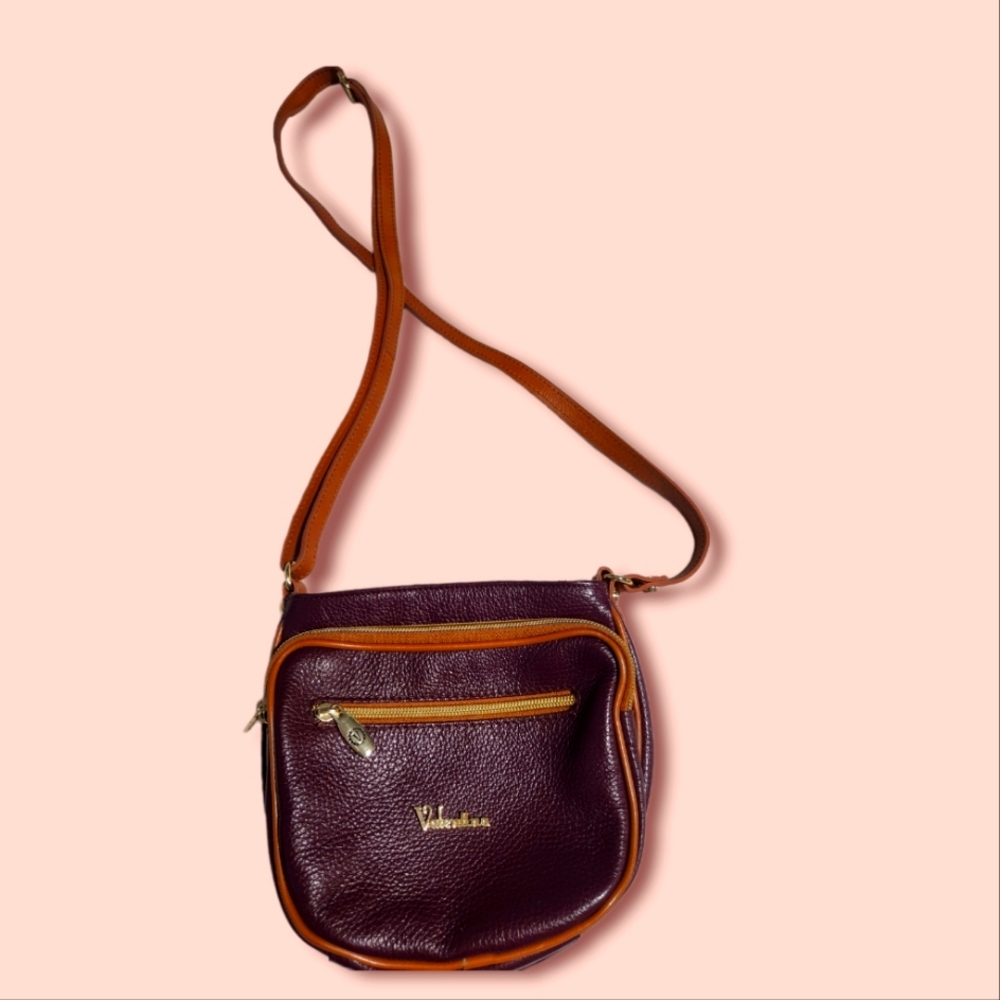 Valentina leather eggplant & tan colored multi compartment small crossbody bag